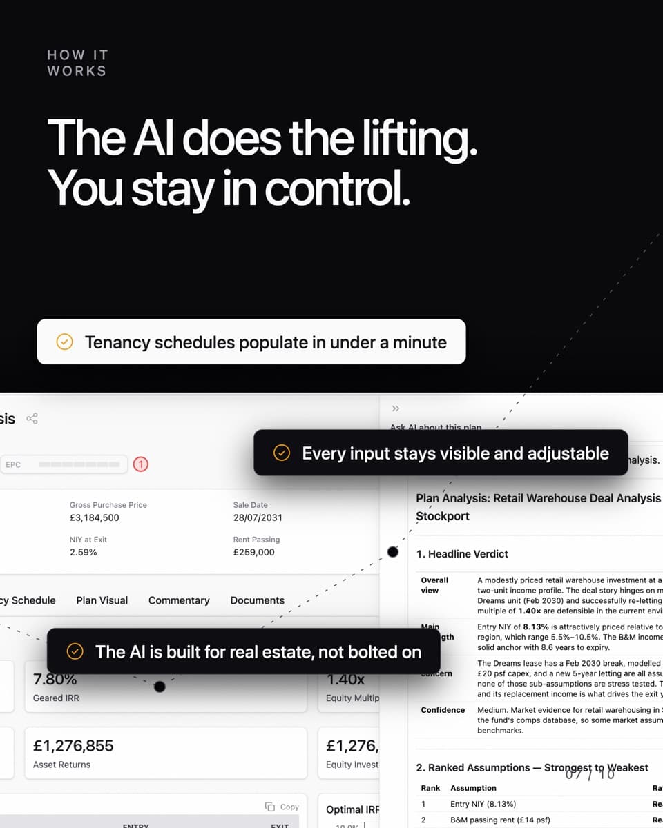 How it works: the AI does the lifting, you stay in control. Tenancy schedules populate in under a minute and every input stays visible and adjustable.